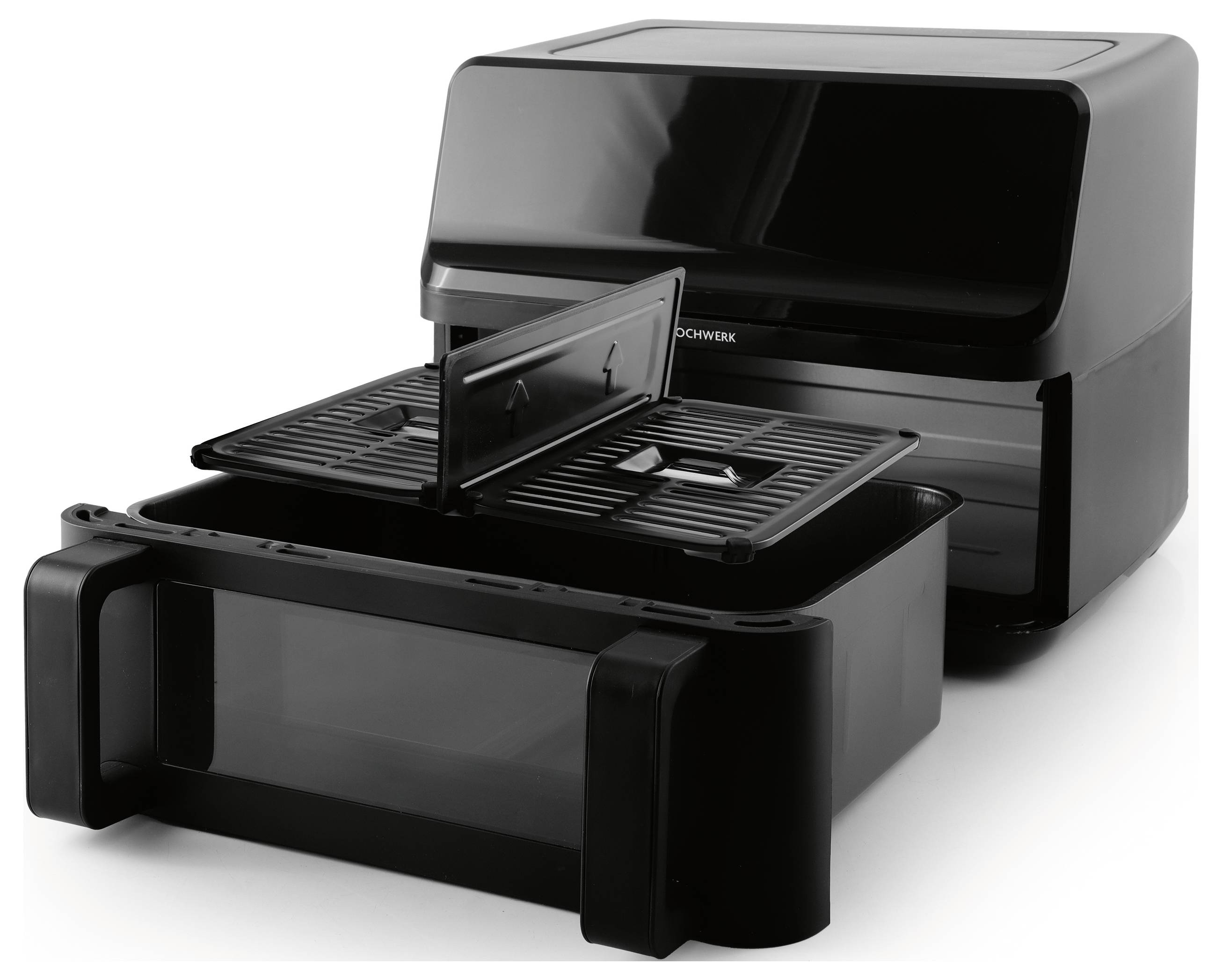 A black air fryer with an open lid, showing its removable basket and tray, designed for cooking with minimal oil.