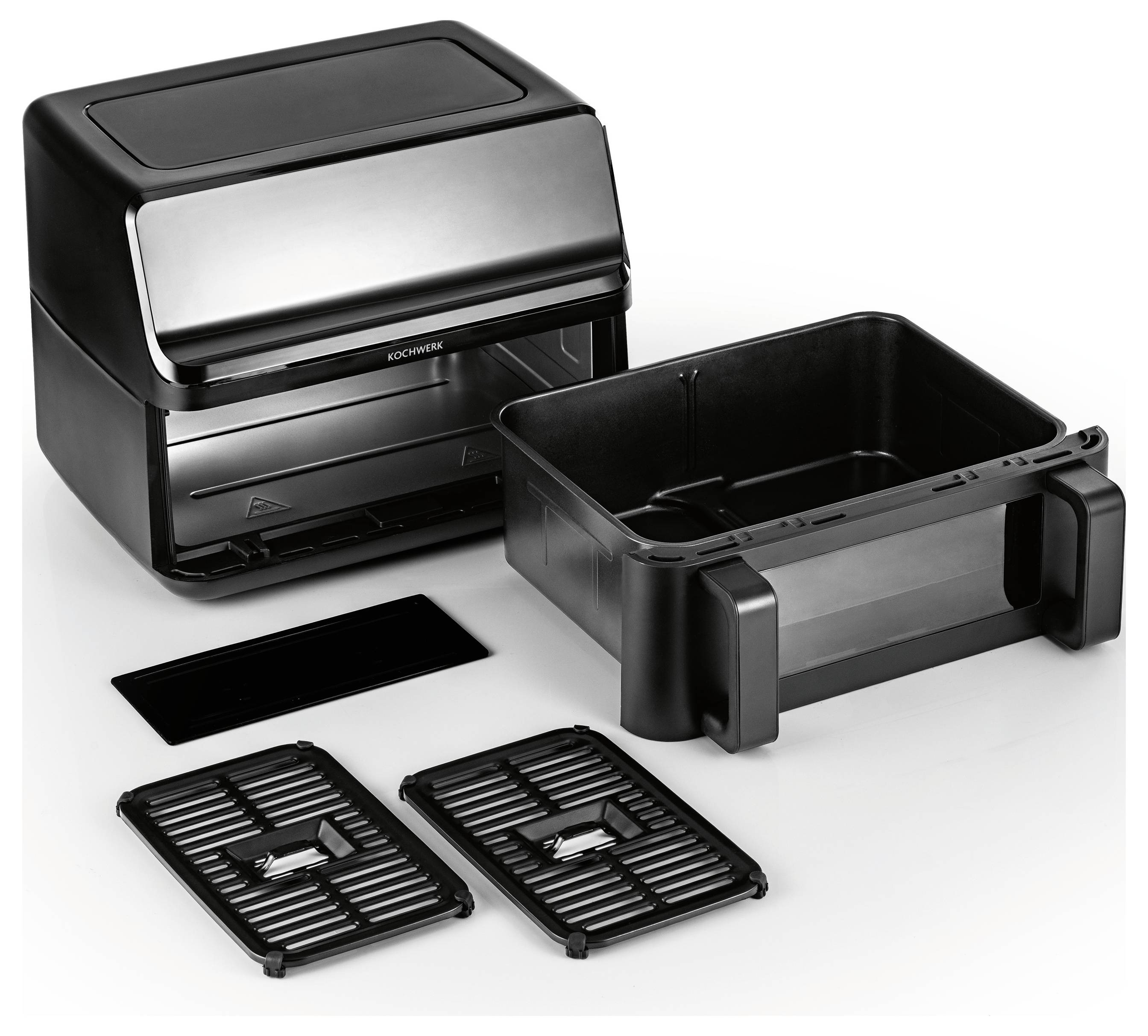 An air fryer with its lid open is displayed alongside its removable basket and two grilling racks, indicating multiple cooking functions.