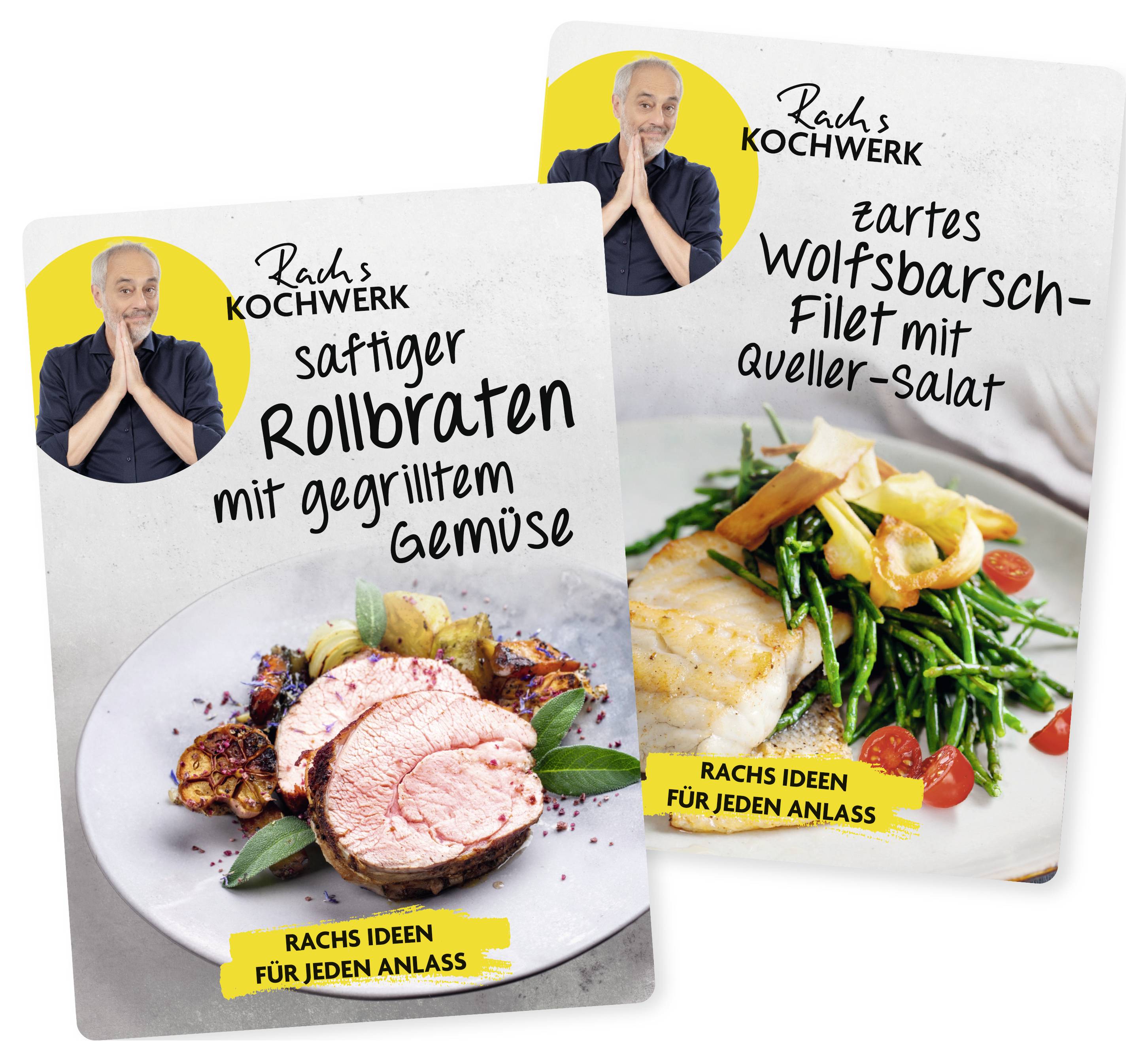 Two recipe cards featuring dishes: 'Saftiger Rollbraten mit gegrilltem Gemüse' and 'Zartes Wolfsbarsch-Filet mit Queller-Salat' with a smiling chef.