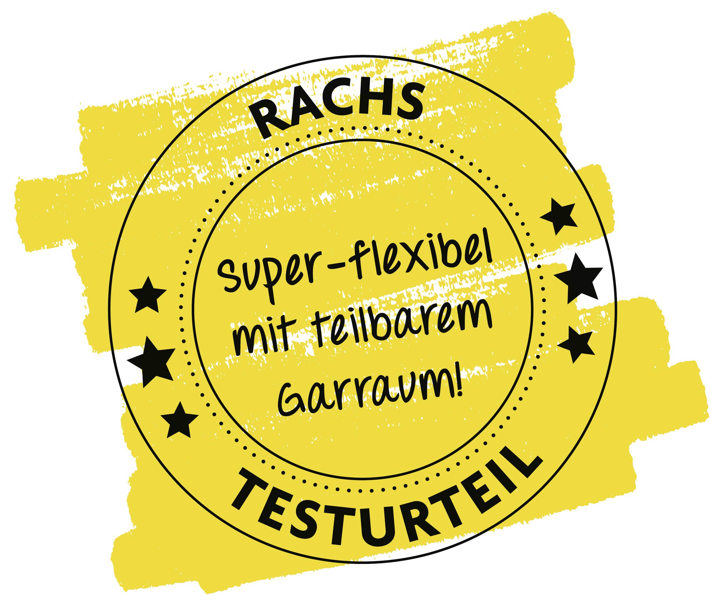 Circular stamp with text 'RACHS TESTURTEIL' and 'super-flexibel mit teilbarem Garraum!' on a yellow, paint-stroke background.