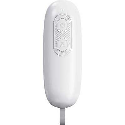 'A white handheld device with two buttons, featuring power and person icons, and an indicator light at the top.'
