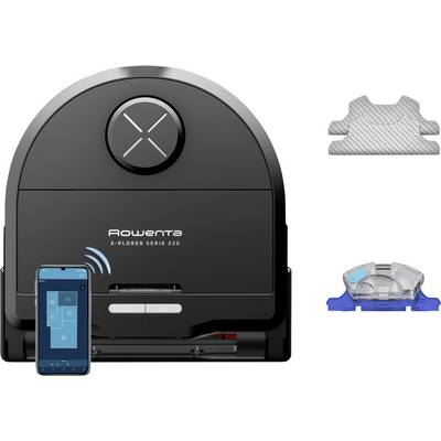 'Rowenta X-Plorer Serie 220 robot vacuum with smartphone app control, cleaning pad, and dust bin depicted alongside.'
