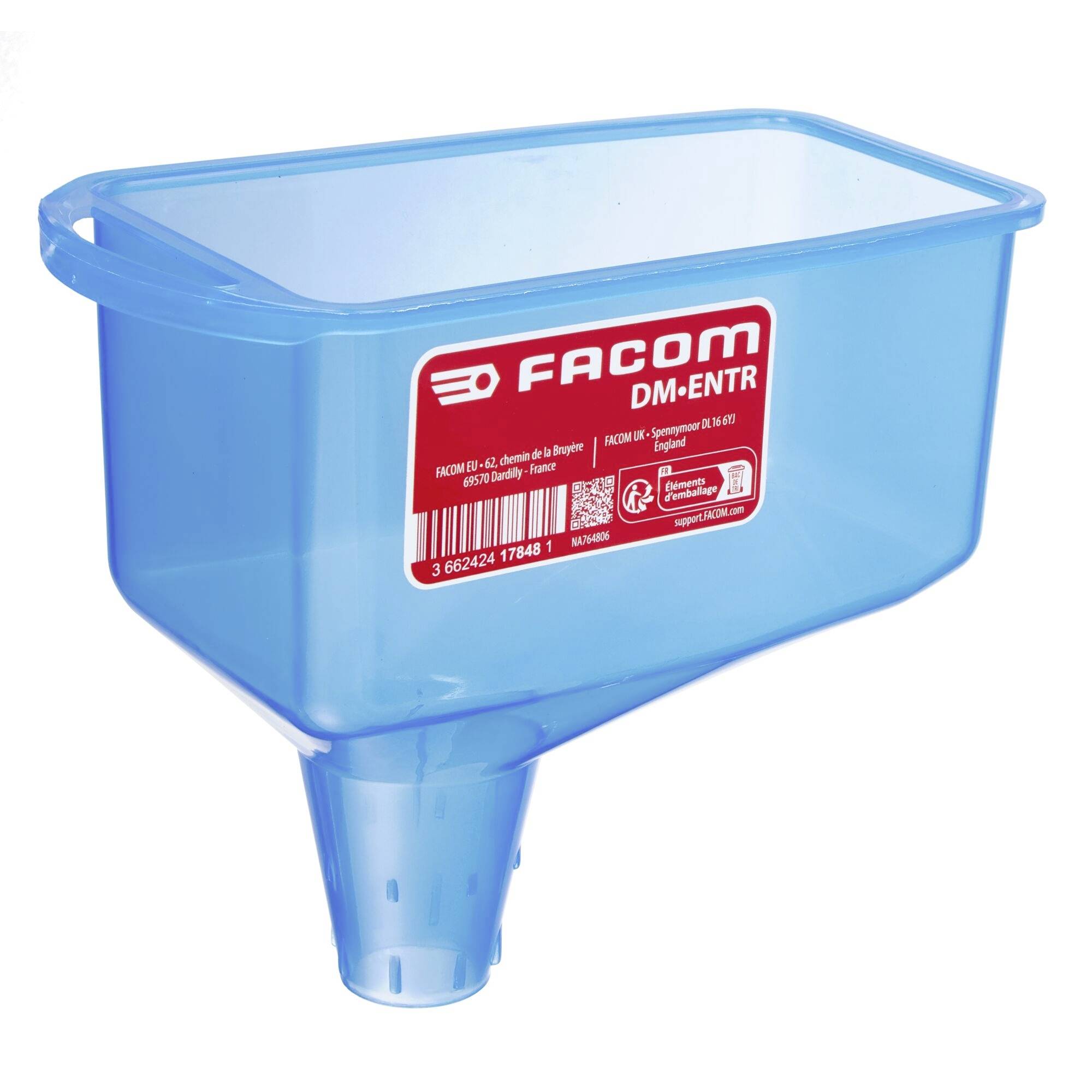 A blue plastic funnel with a rectangular top, featuring the 'FACOM DM-ENTR' label, used for pouring liquids accurately.