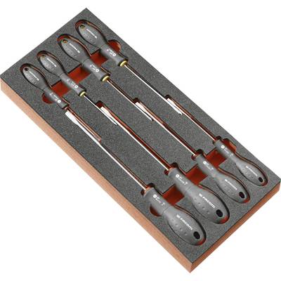 Foam organizer holding six Snap-on screwdrivers in a wooden tray, arranged by size with black-and-gray handles and long metal shafts.