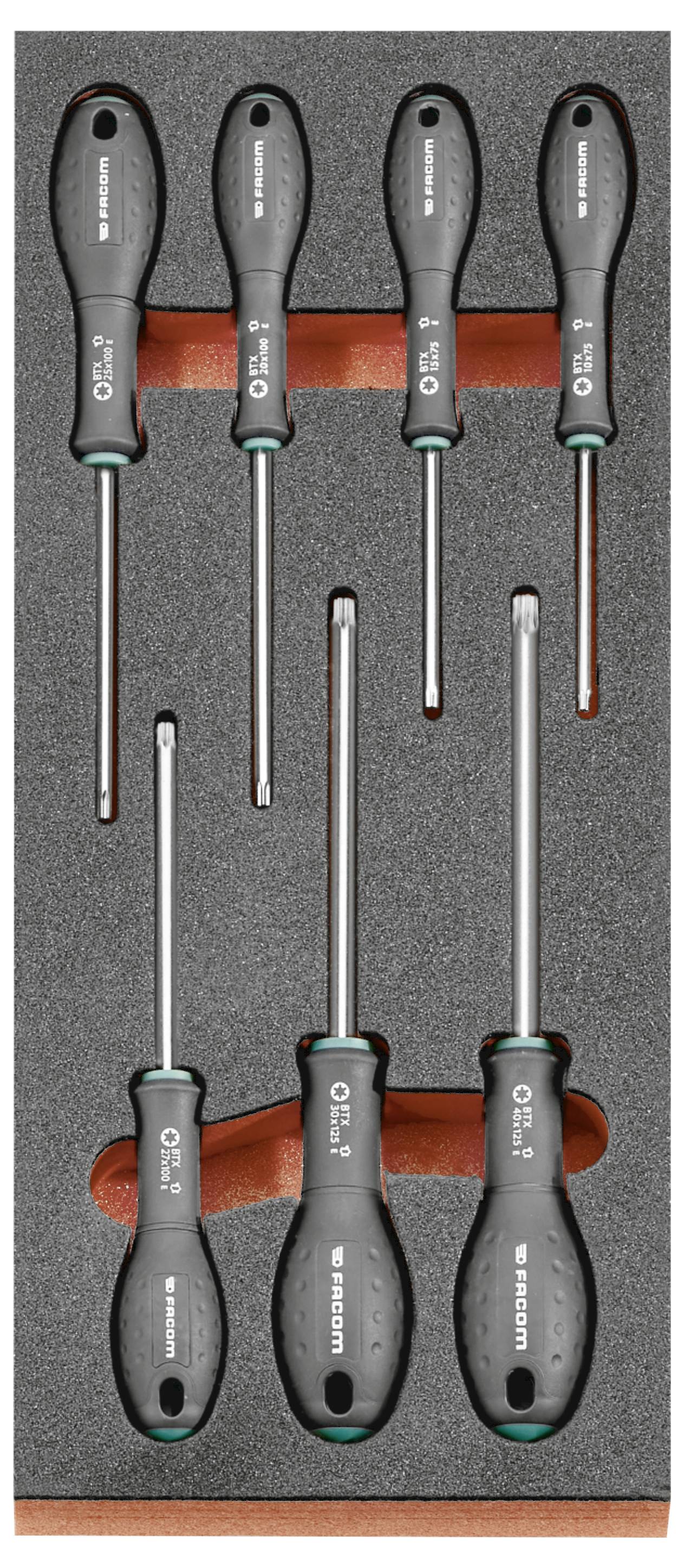 A set of seven screwdrivers displayed on a wall-mounted rack: four larger handled screwdrivers on top and three smaller precision screwdrivers below.