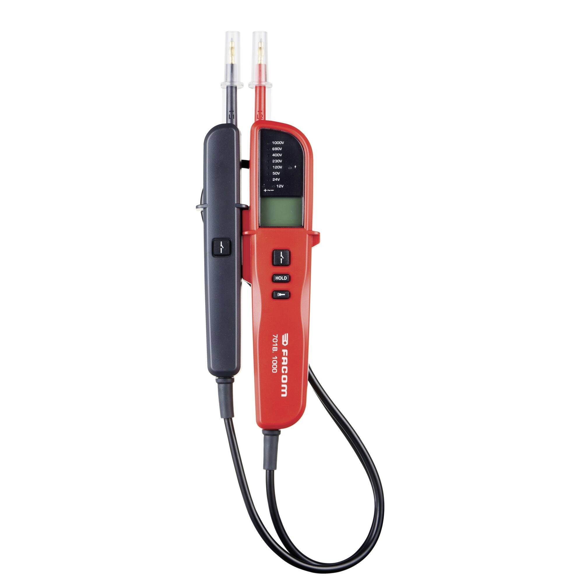 'Electric voltage tester with an LCD screen and two probes, one red and one black. Displays voltage levels for electrical diagnostics.'