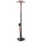 A black and red manual air pump with a T-shaped handle and a round base, designed for inflating bicycle tires.