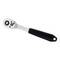 A silver ratchet wrench with a black handle, angled to the left. It features a chrome finish and compact design, suitable for tight spaces.
