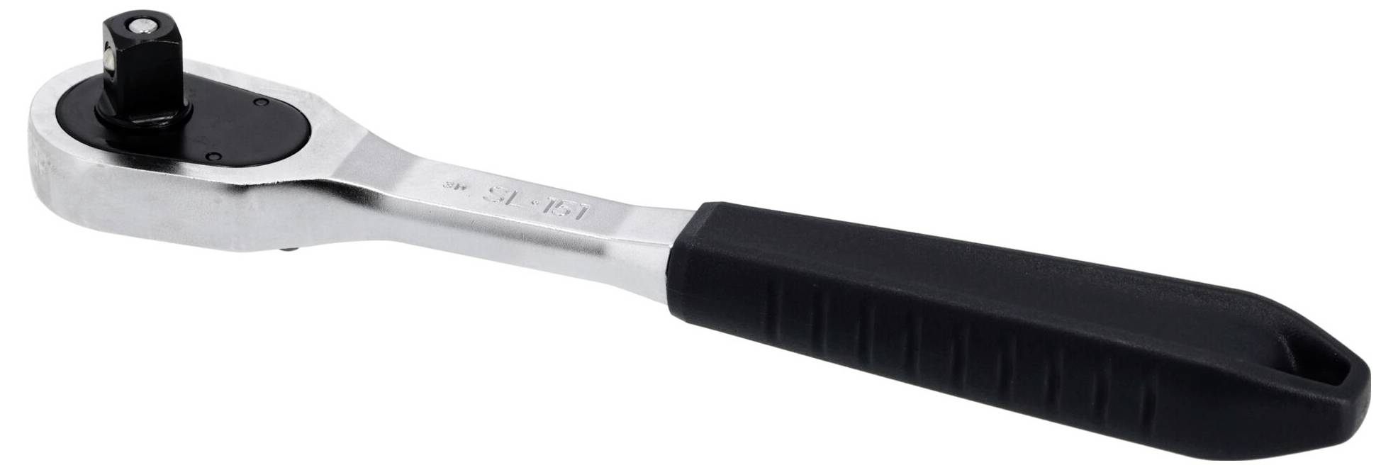 A metal ratchet wrench with a black cushioned handle, positioned horizontally.
