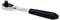 A metal ratchet wrench with a black cushioned handle, positioned horizontally.