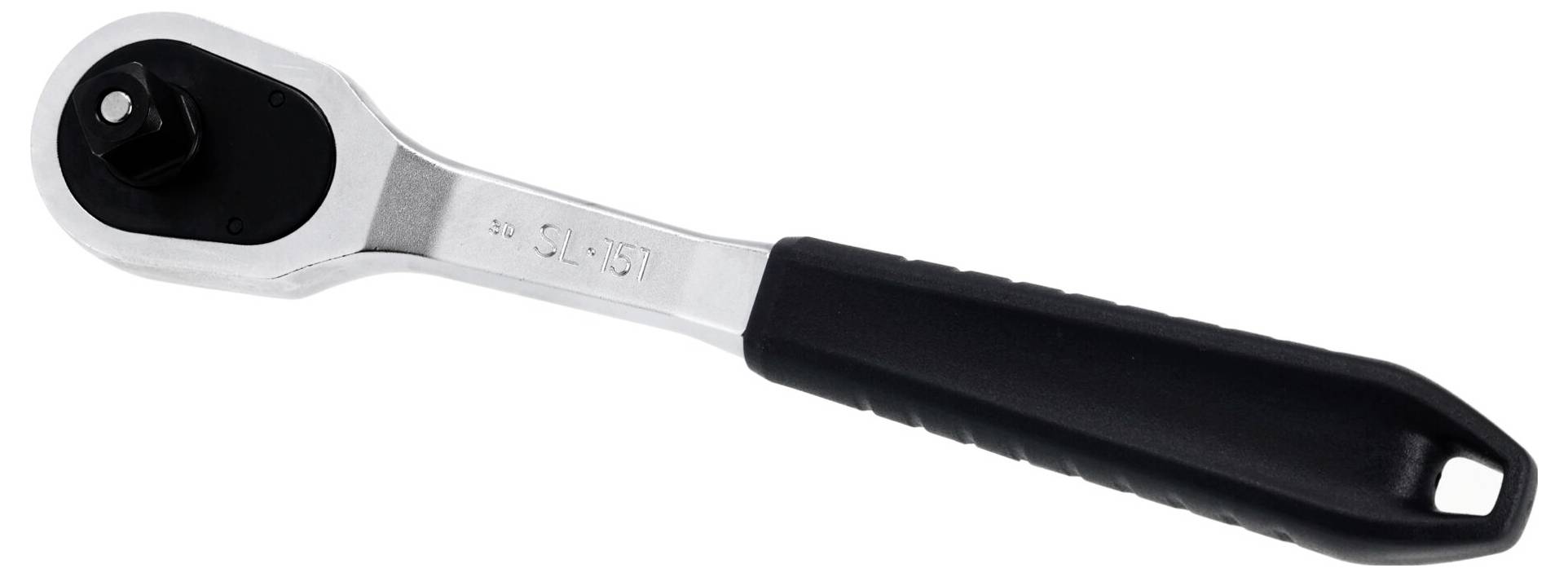 A silver and black ratchet wrench with a textured handle, often used in mechanical work for tightening or loosening nuts and bolts.