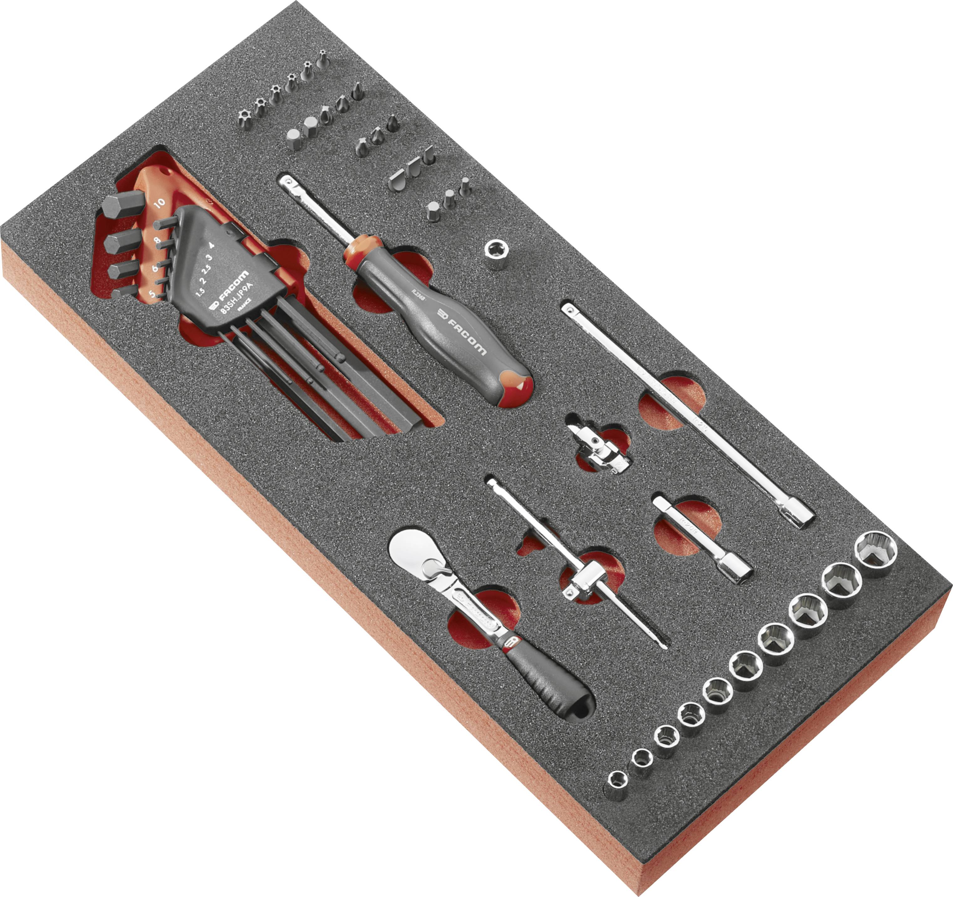 Foam tool organizer with socket set, screwdrivers, hex keys, ratchet, and extensions arranged in a case insert.<br>