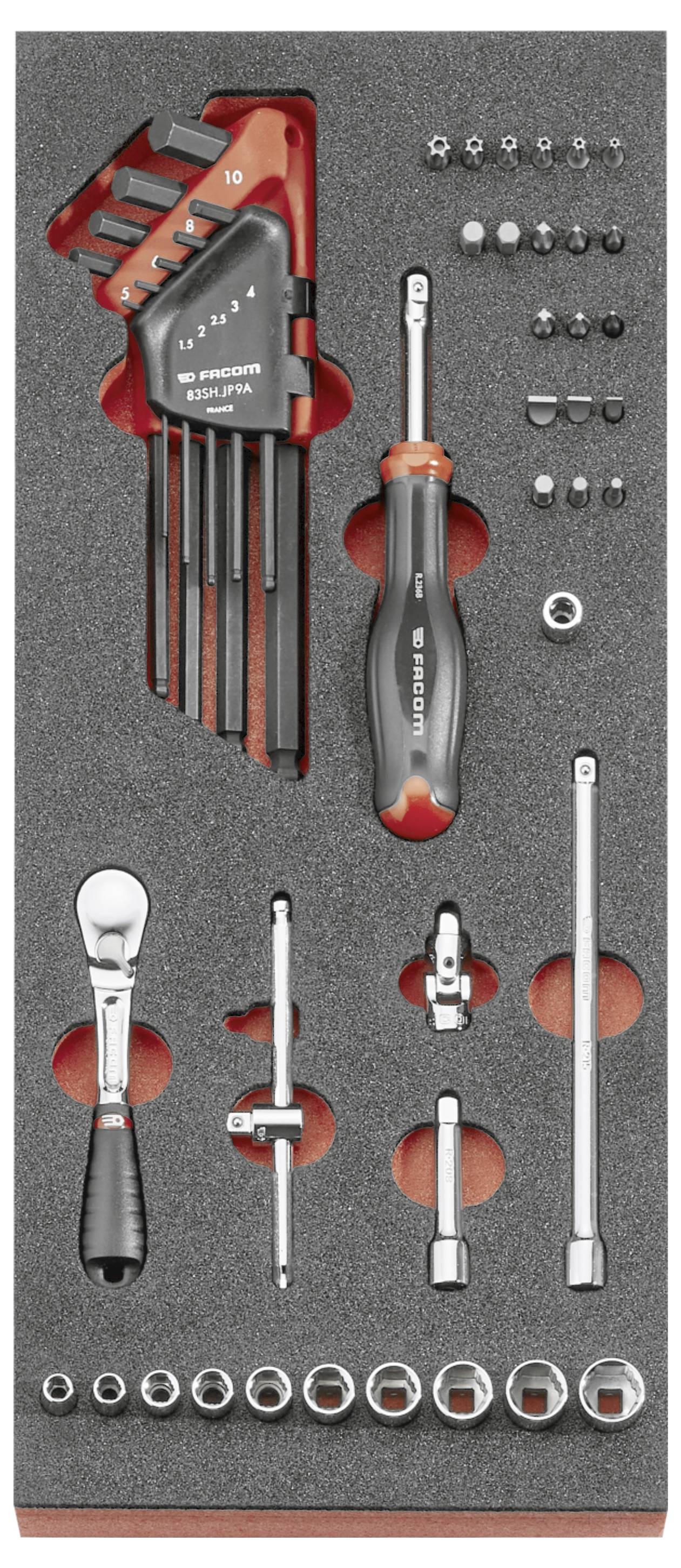 Tool kit foam insert with socket sets, hex keys, screwdriver, ratchet, extension bar, and miscellaneous small fasteners organized in cutouts.
