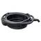 A black plastic oil drain pan with a wide rim and a spout for pouring.