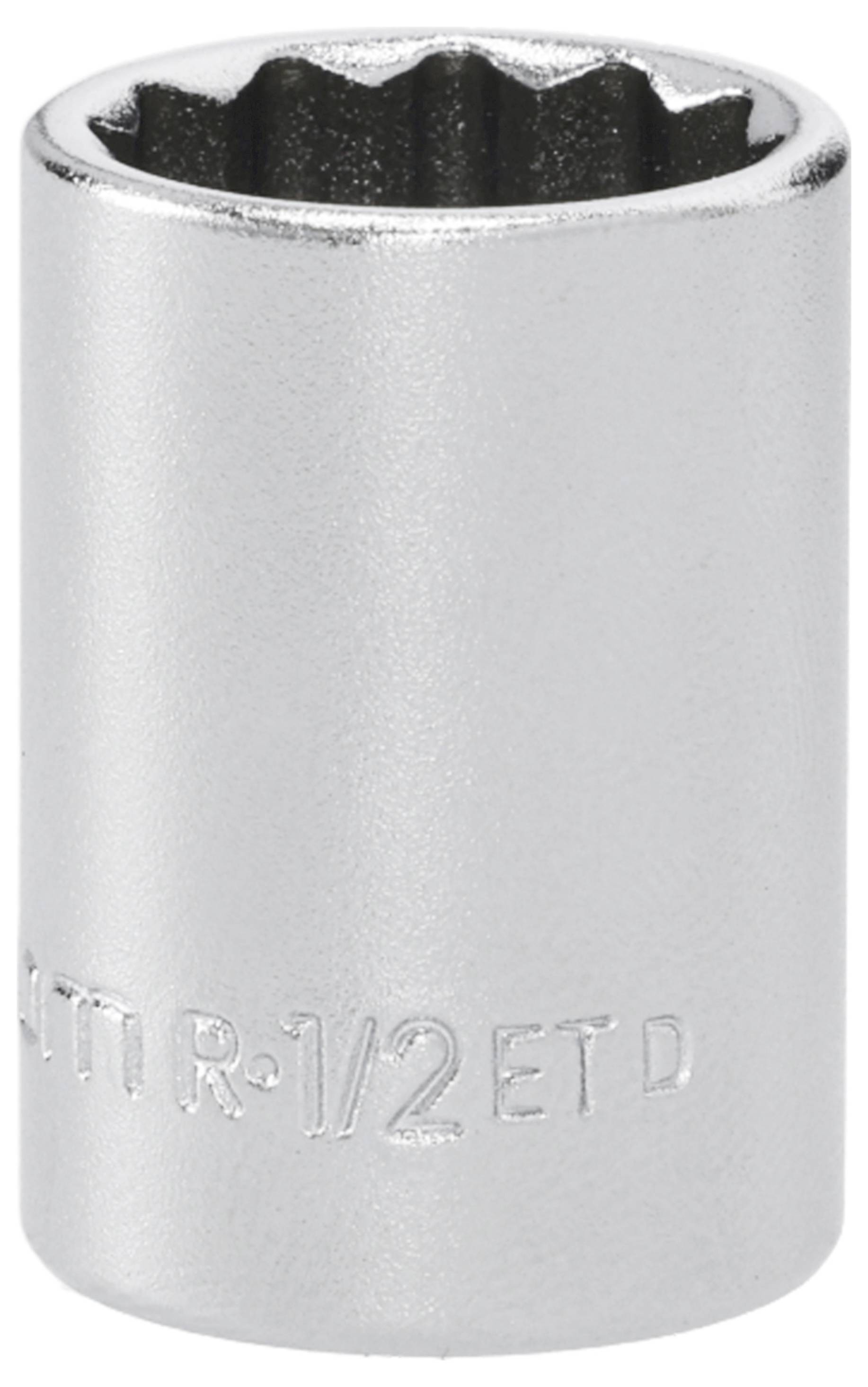 Close-up of a silver 1/2-inch deep socket wrench tool with a 12-point opening and etched size marking.