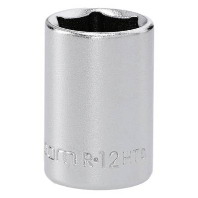 A shiny silver socket wrench head with '12mm R-12H' etched on the side, indicating size and type.