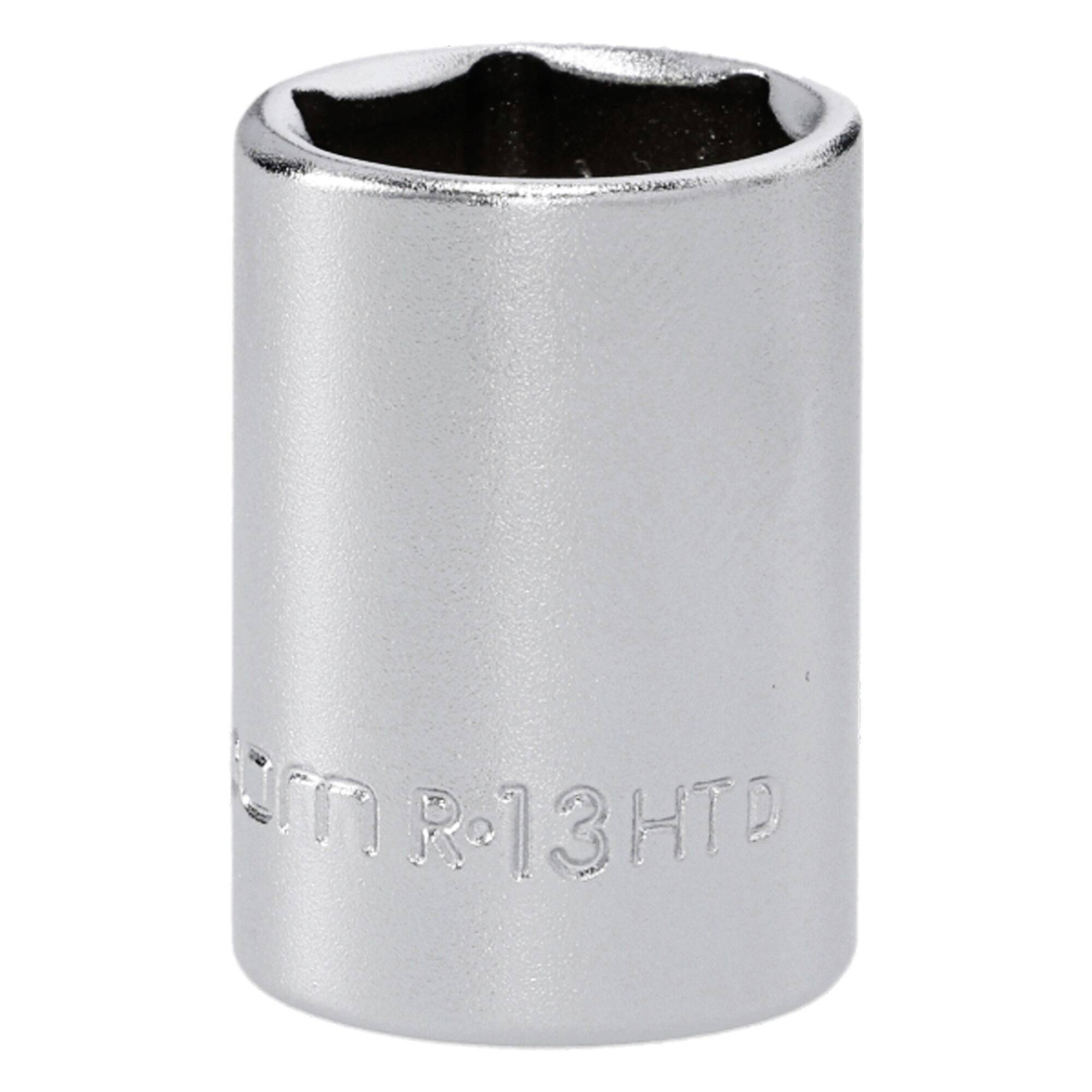 A silver cylindrical socket tool with a hexagonal opening, labeled 'R13HTD' on its side, used for tightening or loosening nuts and bolts.