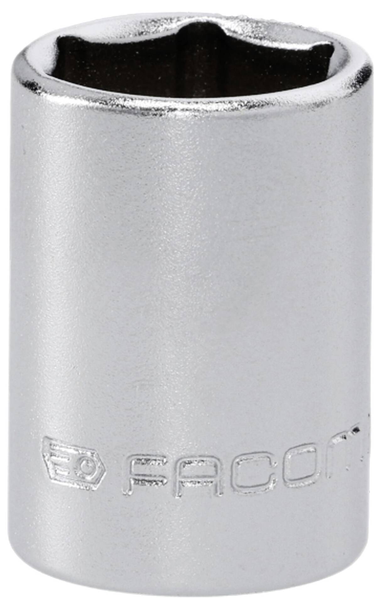 'A silver socket wrench head with a hexagonal opening and branding stamped on its side.'