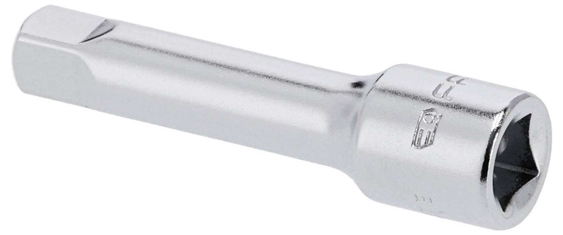 A shiny, metallic hex socket wrench extension with a square drive end, used for reaching recessed fasteners in mechanical work.