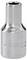 A chrome socket wrench head with a hexagonal opening, featuring embossed text on the side.