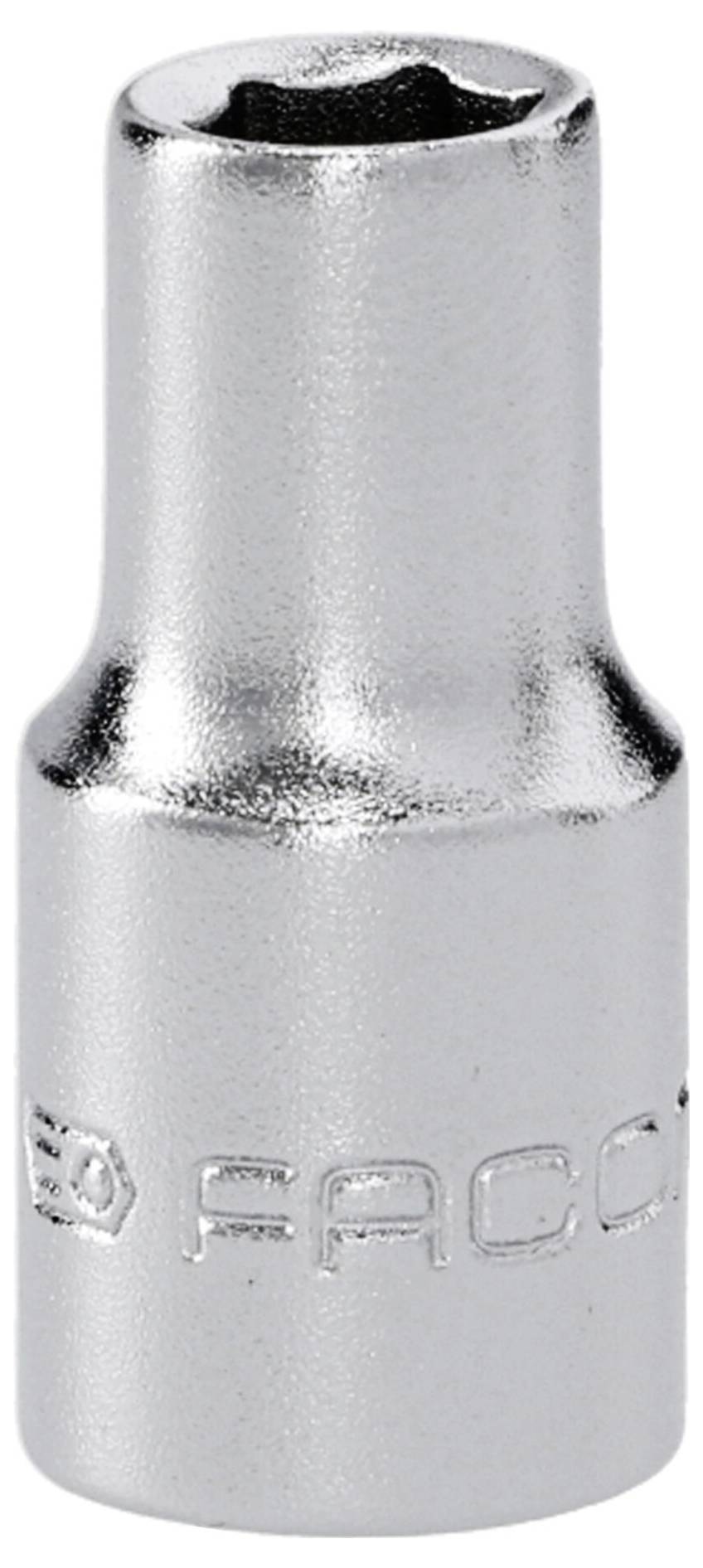 A silver socket wrench head, cylindrical with a square opening at the top, has engraved branding text on the side.