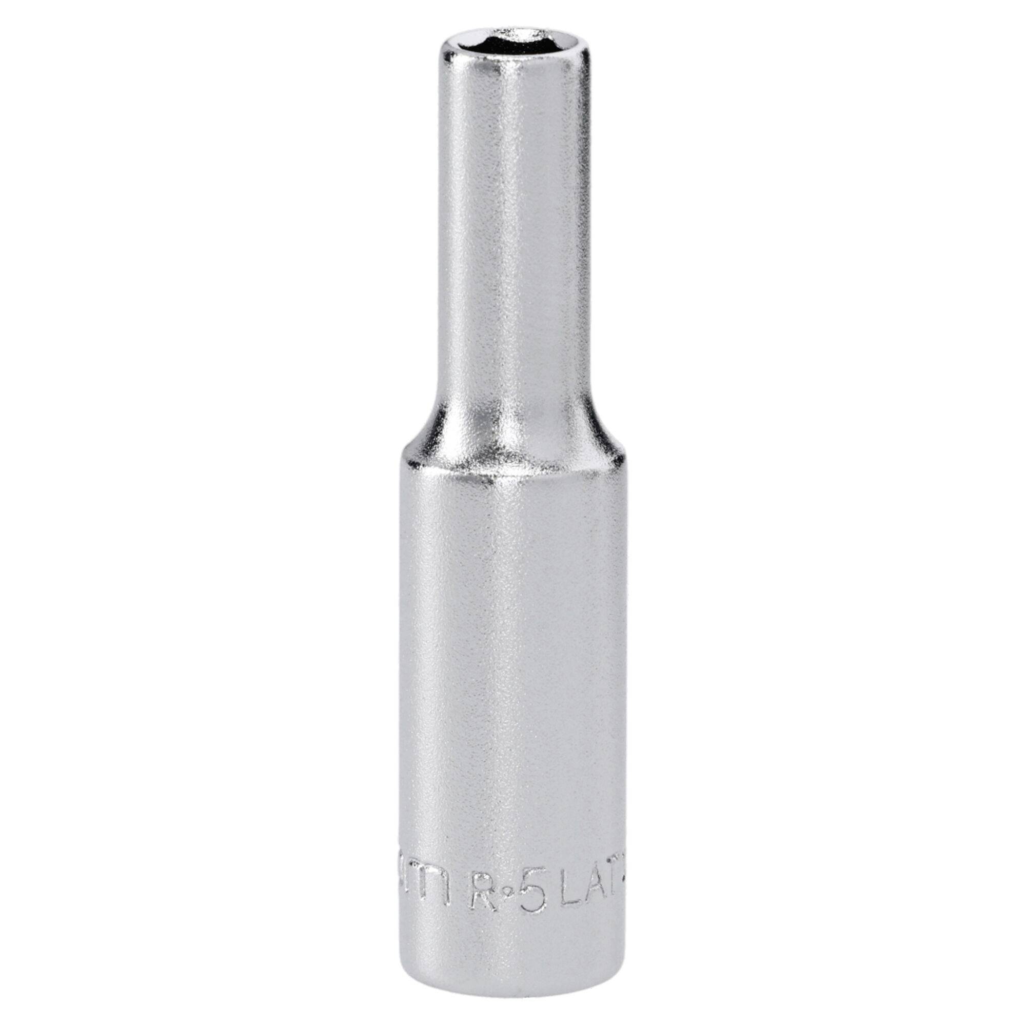 A metallic, cylindrical socket tool head designed for tightening or loosening bolts, featuring a shiny finish and a hexagonal opening.