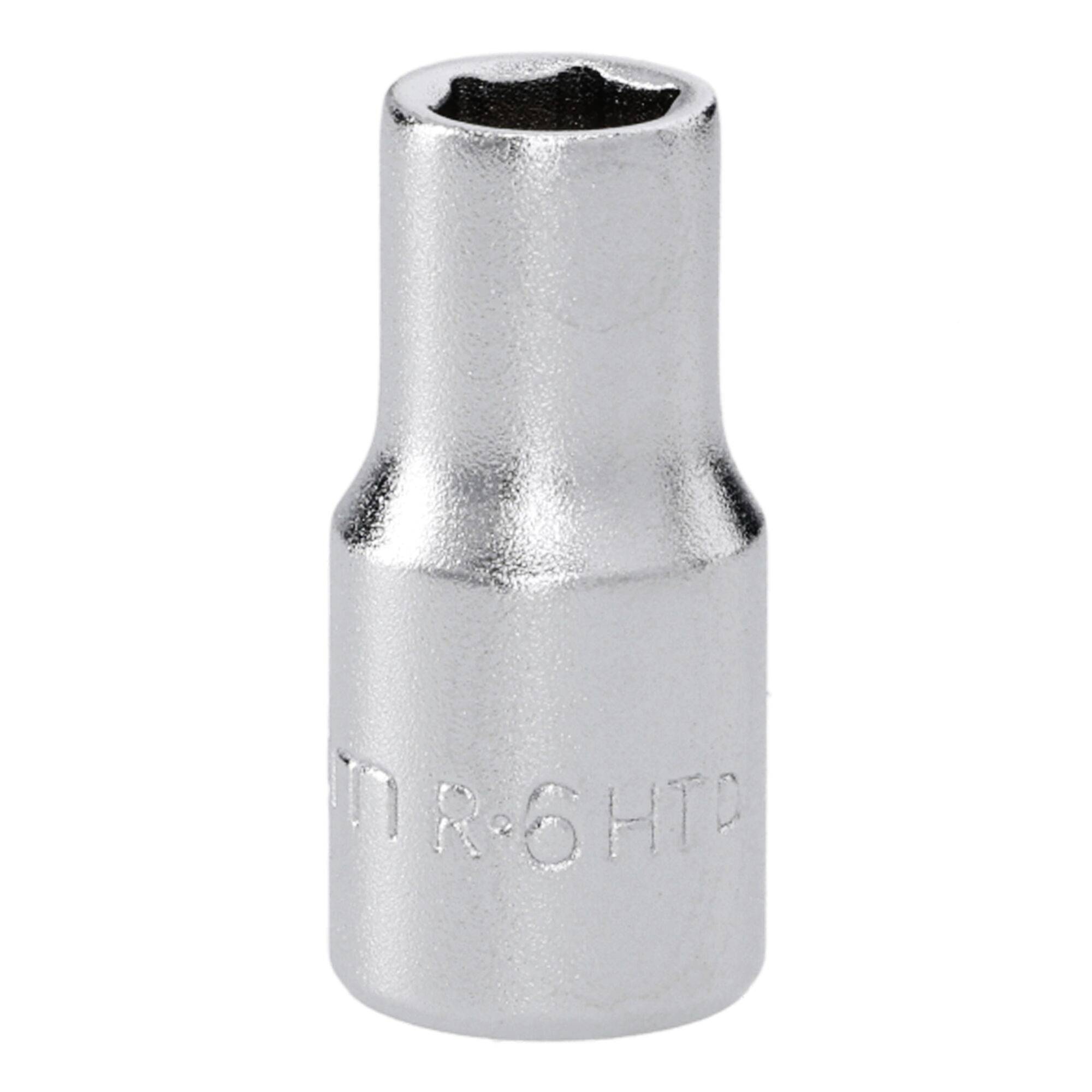 A shiny, silver six-point socket wrench head with engraved markings, used for loosening or tightening bolts and nuts.