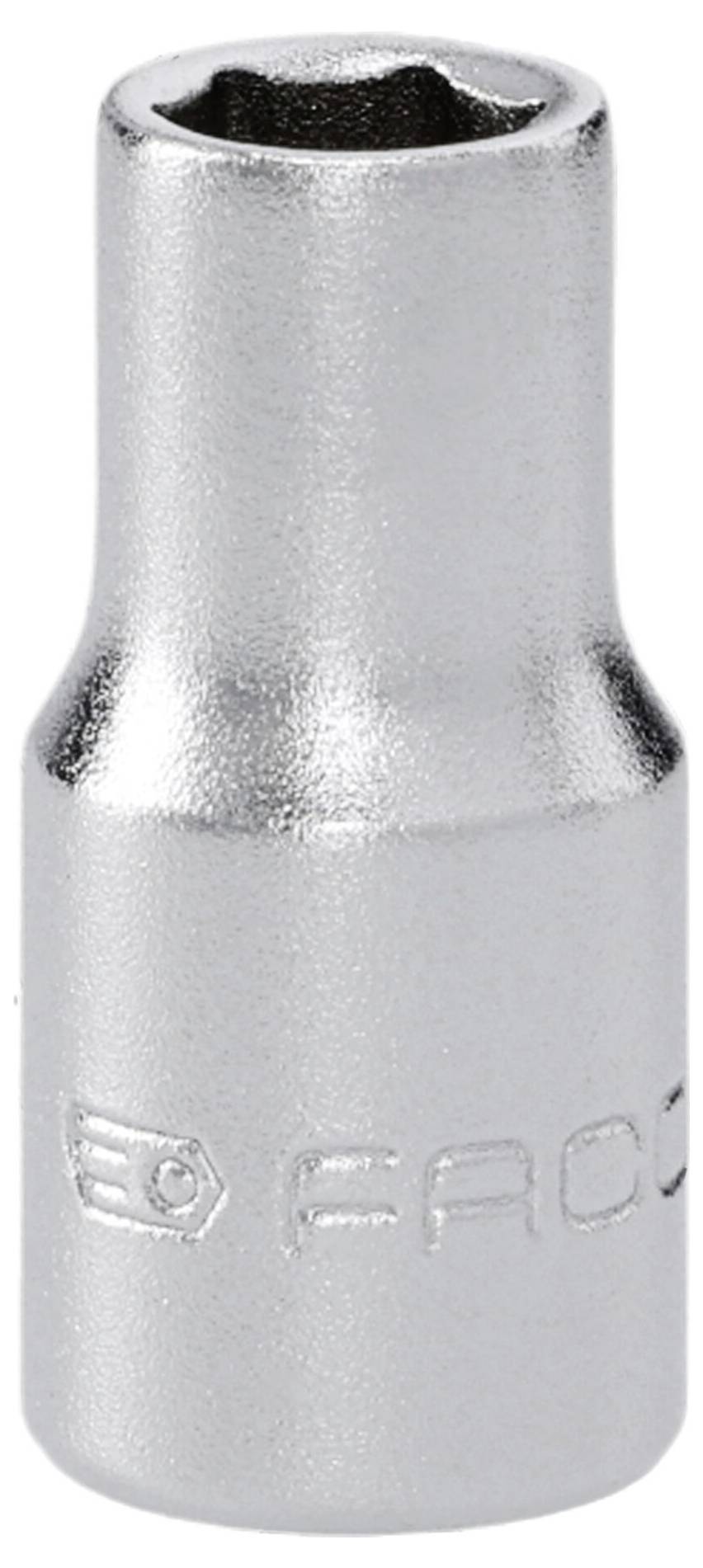 A shiny metallic socket wrench attachment with a hexagonal opening and engraved markings for tool identification.