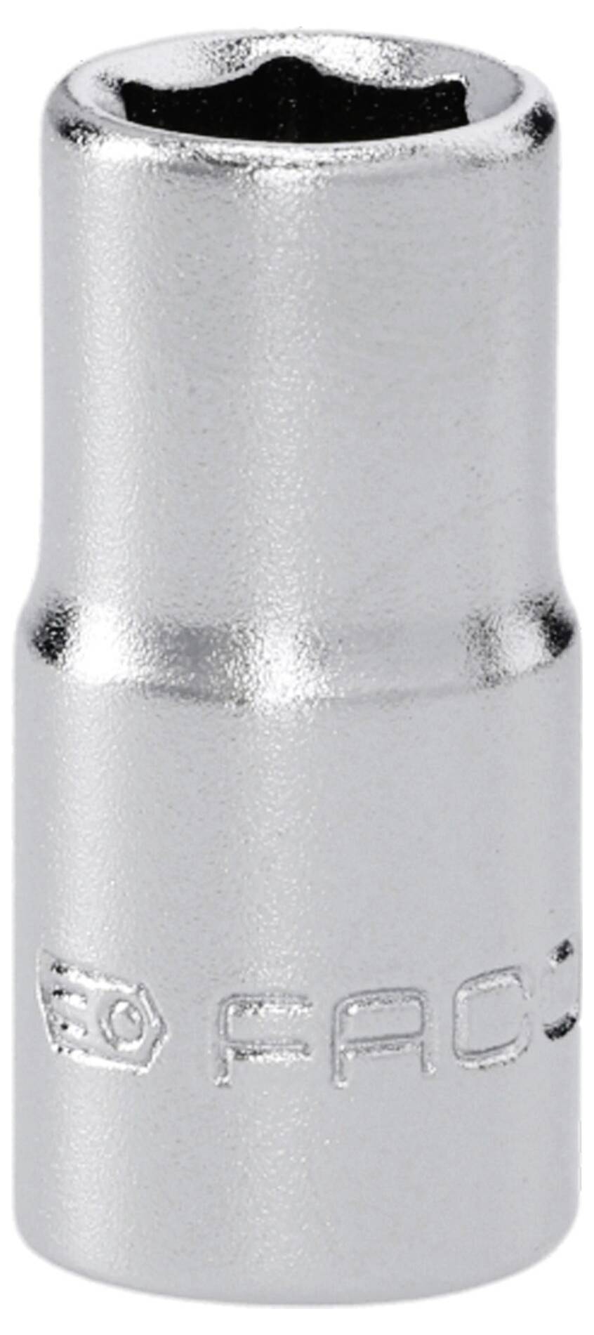 A shiny, metallic socket wrench adapter with the engraving 'FACOM' on its side.
