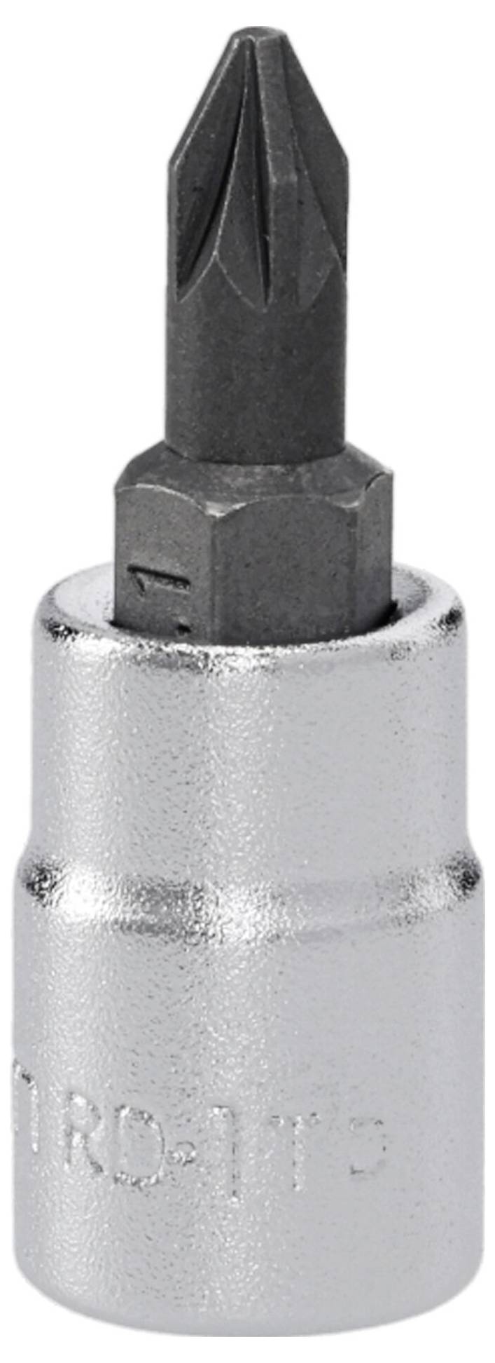 'Phillips socket bit, size T15, designed for use with socket wrenches, has a metallic finish with a cross head tip for tightening screws.'