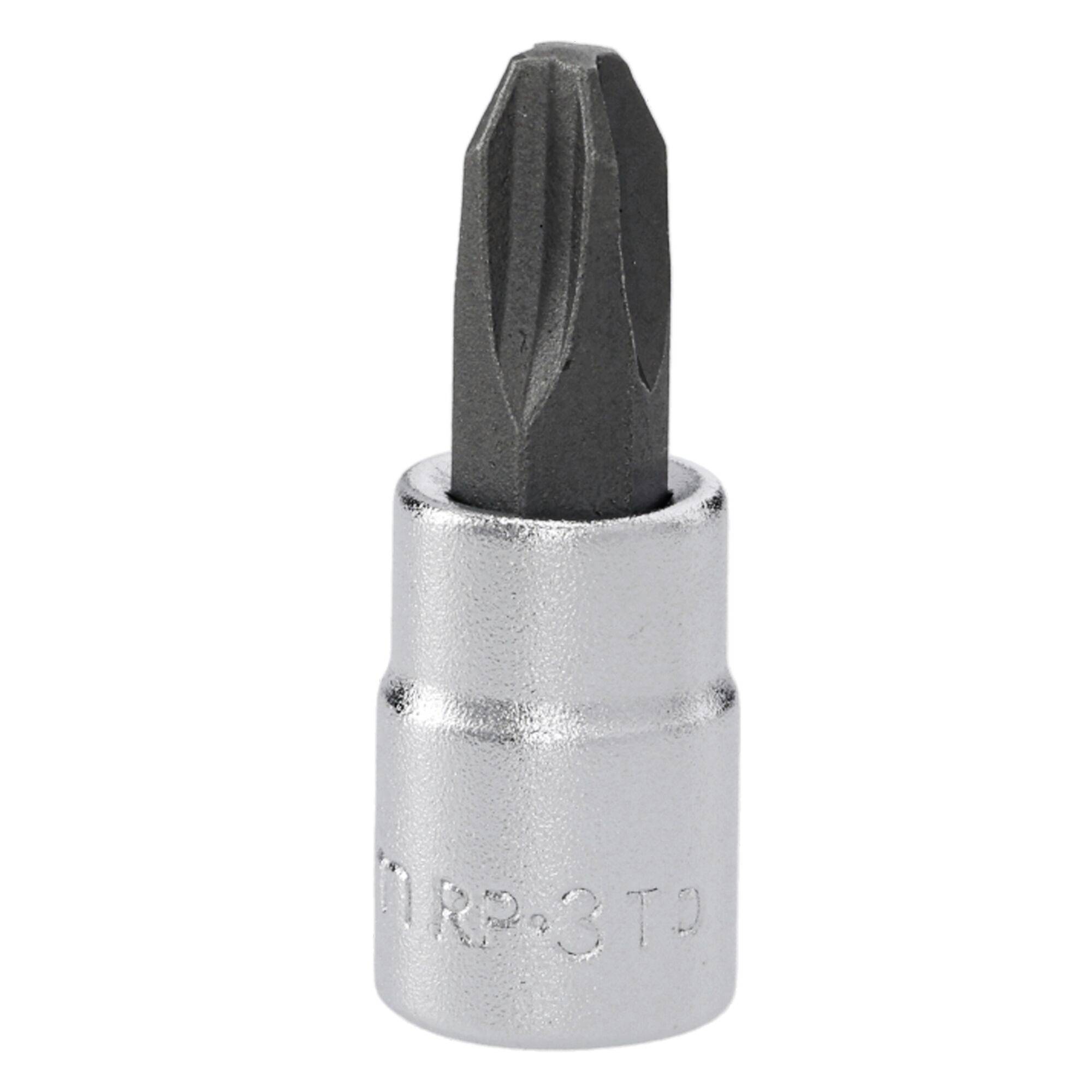 A metal screwdriver bit with a hexagonal base and Phillips tip, designed to attach to a driver for fastening screws.