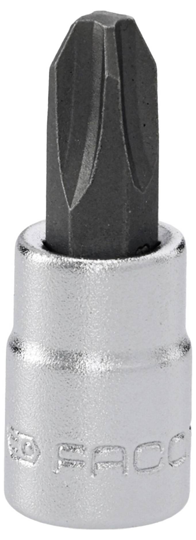 A Phillips screwdriver bit with a metal base, used for inserting or removing screws with cross-shaped heads.