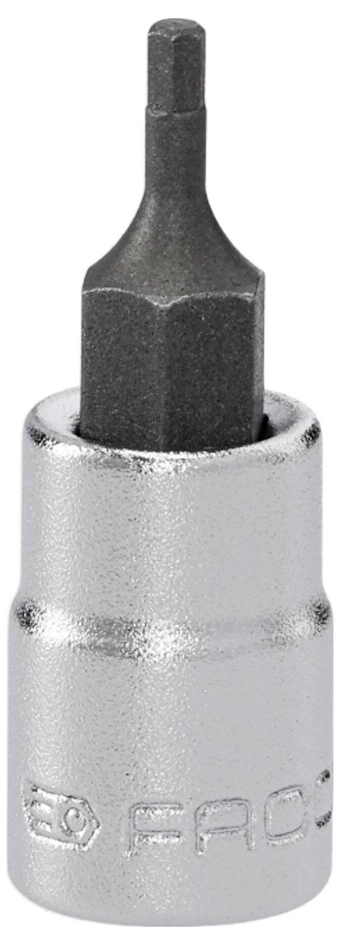 A metallic hex socket bit with a hexagonal tip, used for driving hex screws.