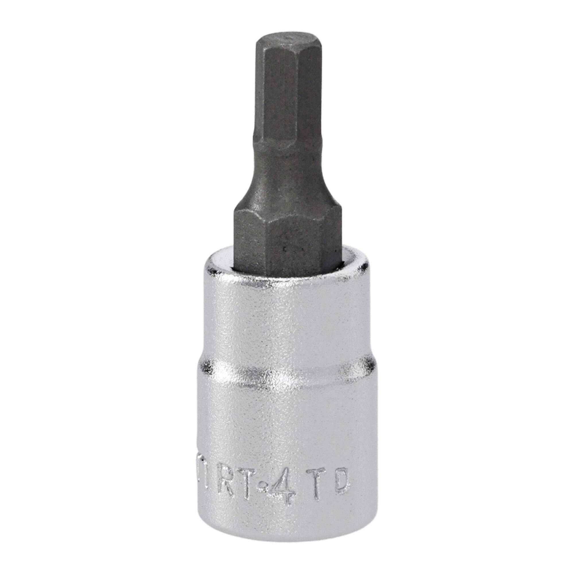 A hex bit socket with a metallic finish, featuring a hexagonal bit protruding from a cylindrical socket base.