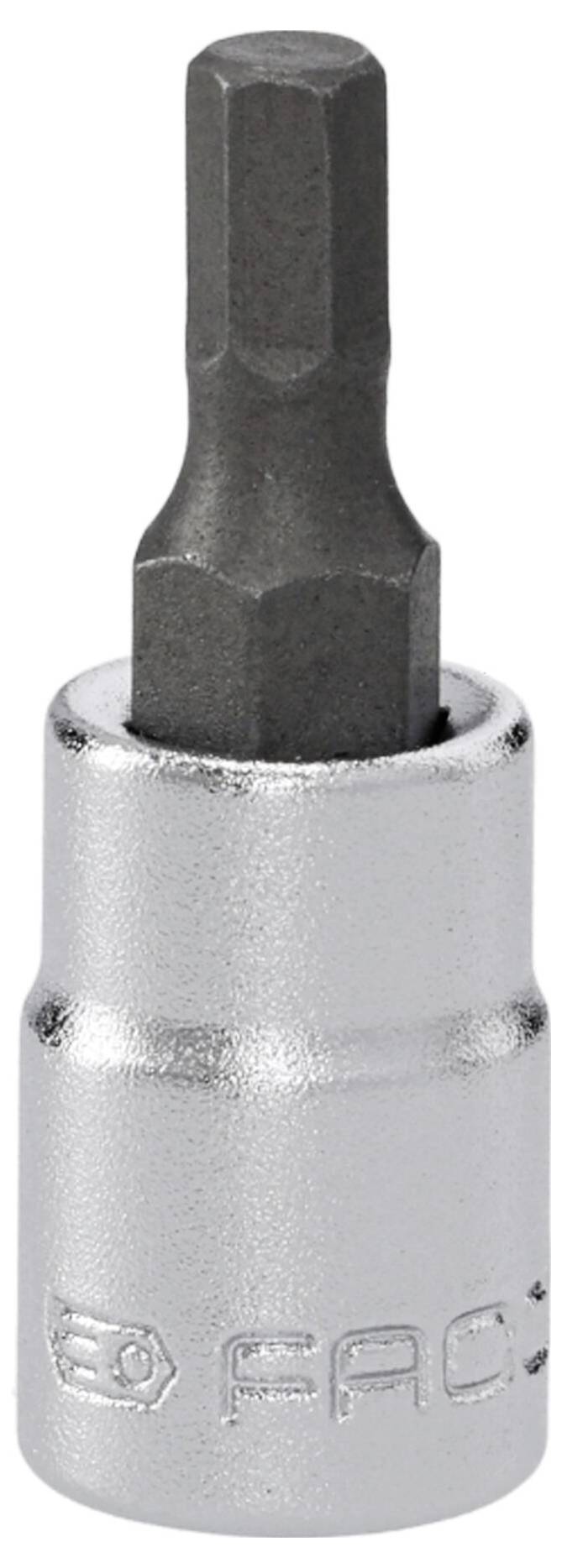 A silver socket wrench bit with a hexagonal tip, used for tightening and loosening bolts or screws.