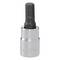 A metal hex bit socket tool designed for tightening and loosening bolts, featuring a hexagonal top for compatibility with screwdrivers.