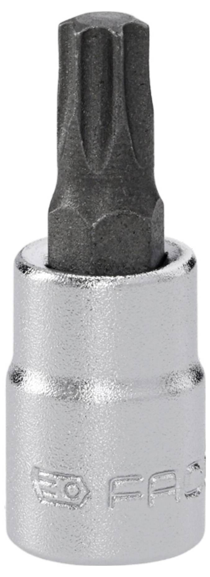 A Torx bit socket made of metal, combining a Torx bit with a socket wrench base, used for driving Torx screws.