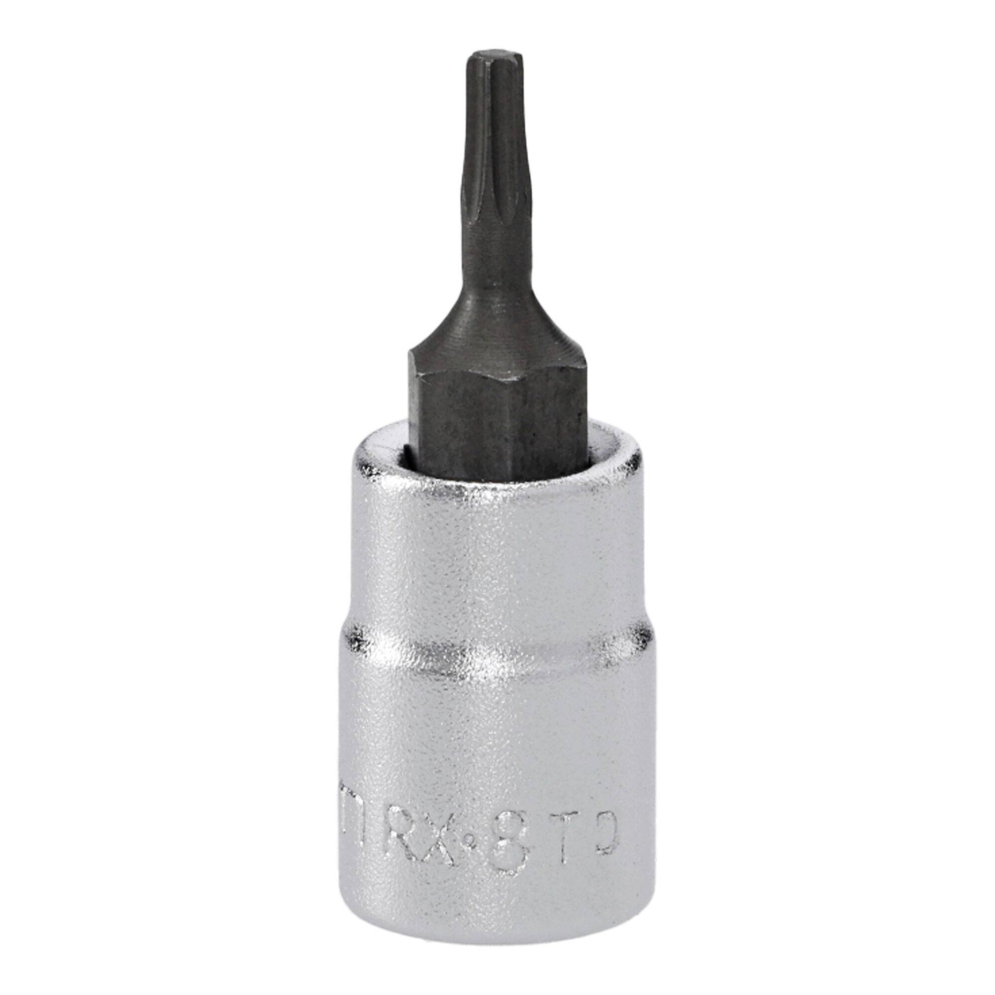 Torx screw bit with a silver socket and a black star-shaped tip, used for tightening or loosening Torx screws.
