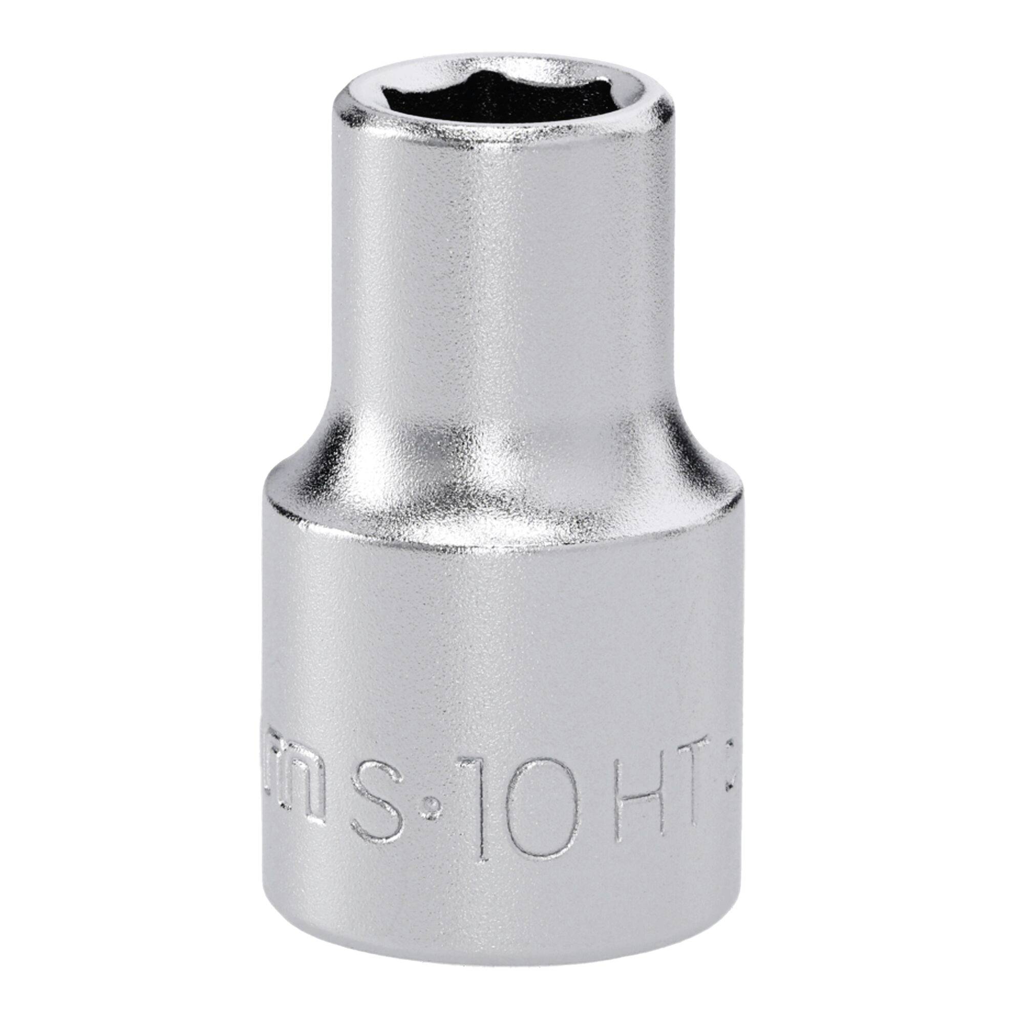 A silver metallic hex socket, labeled 'S.10 HT', used for tightening or loosening hexagonal nuts and bolts.