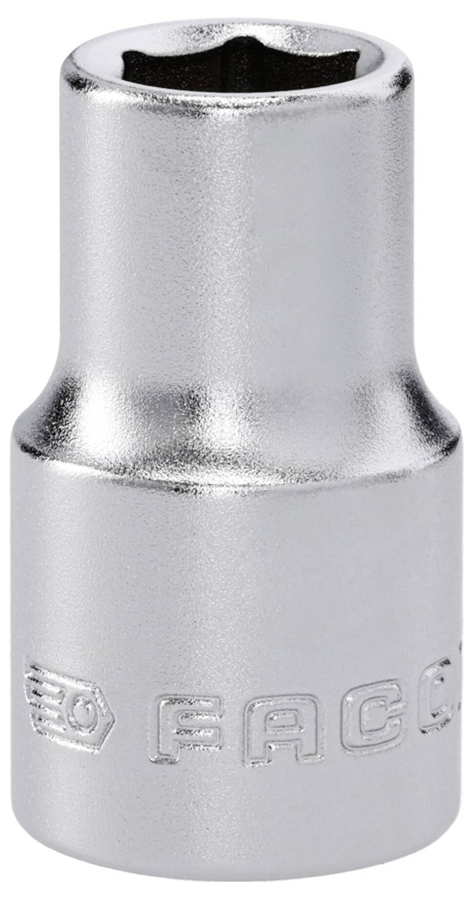 A silver, six-point socket with engraved brand text, used for tightening or loosening nuts and bolts.