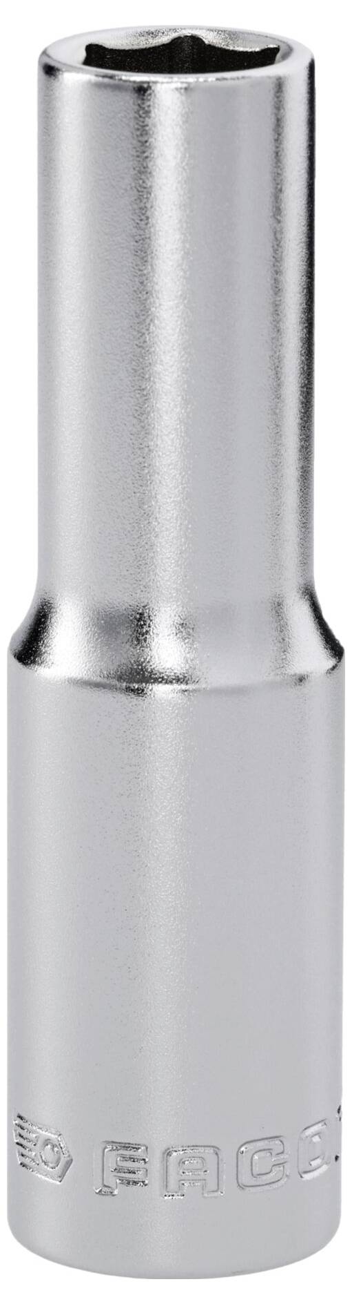 A shiny metallic socket tool with a hexagonal opening, used for tightening or loosening nuts and bolts, embossed with branding.