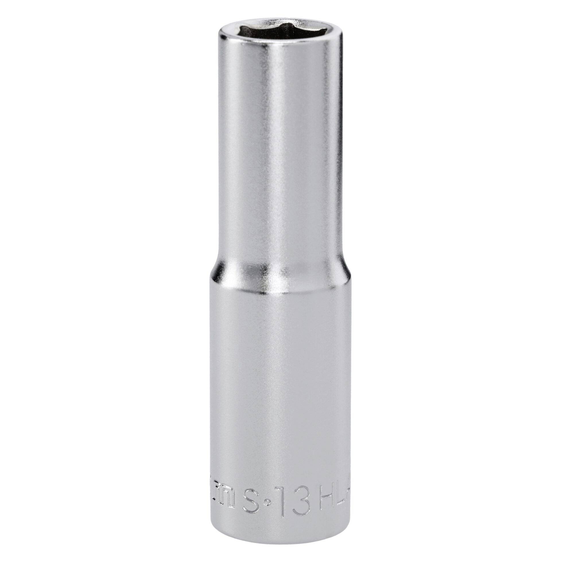 A shiny silver socket wrench attachment with a cylindrical shape, labeled with '13'.