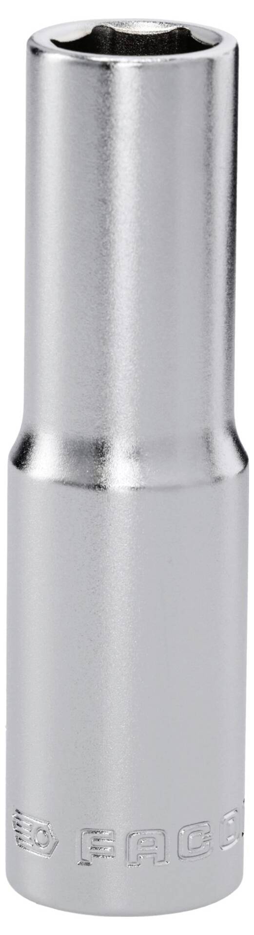 A silver, hexagonal socket wrench attachment with engraved branding near the base. Suitable for tightening or loosening nuts and bolts.