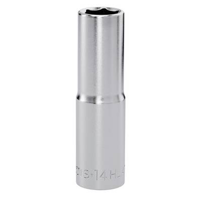 'A 14 mm deep socket with a chrome finish, used for tightening or loosening bolts. Designed for use with a ratchet or wrench.'