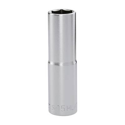 A metallic socket wrench head with a cylindrical shape and hexagonal opening for tightening or loosening nuts and bolts.