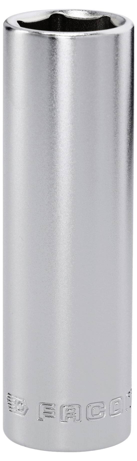 A shiny metallic socket wrench component with a hexagonal opening at the top and engraved text on the bottom edge.