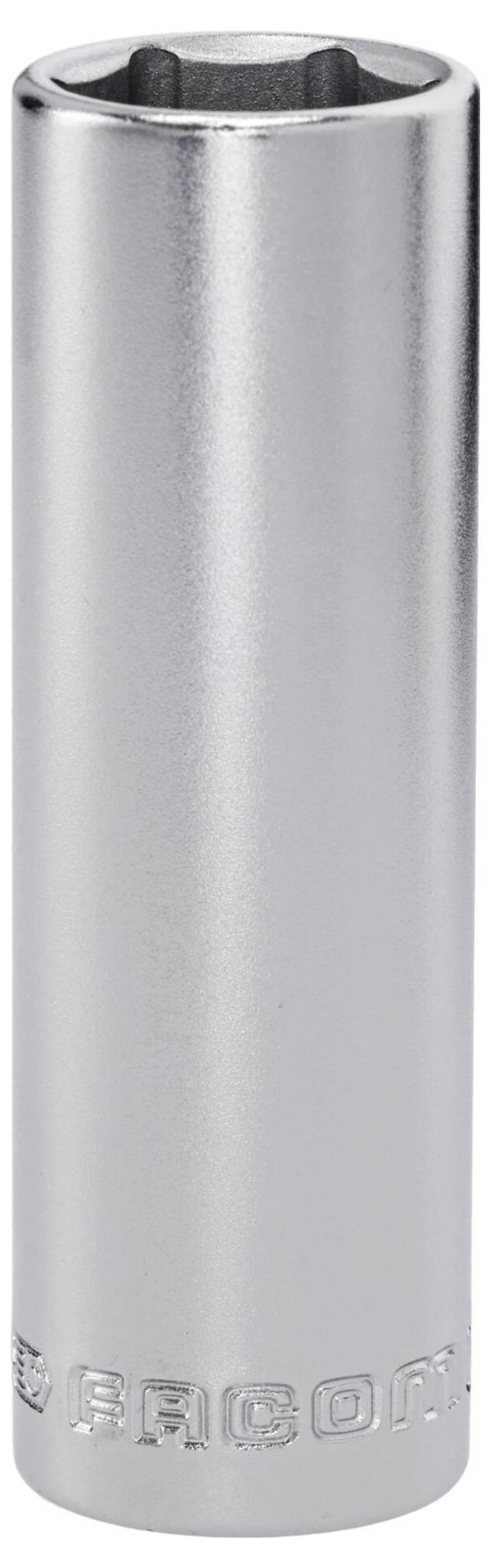 A stainless steel socket with a hexagonal opening, showing brand text at the base. Used for fastening or loosening nuts and bolts.