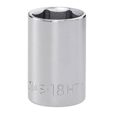 A silver 18mm socket wrench head with engraved numbers and letters on its side, standing upright against a plain background.