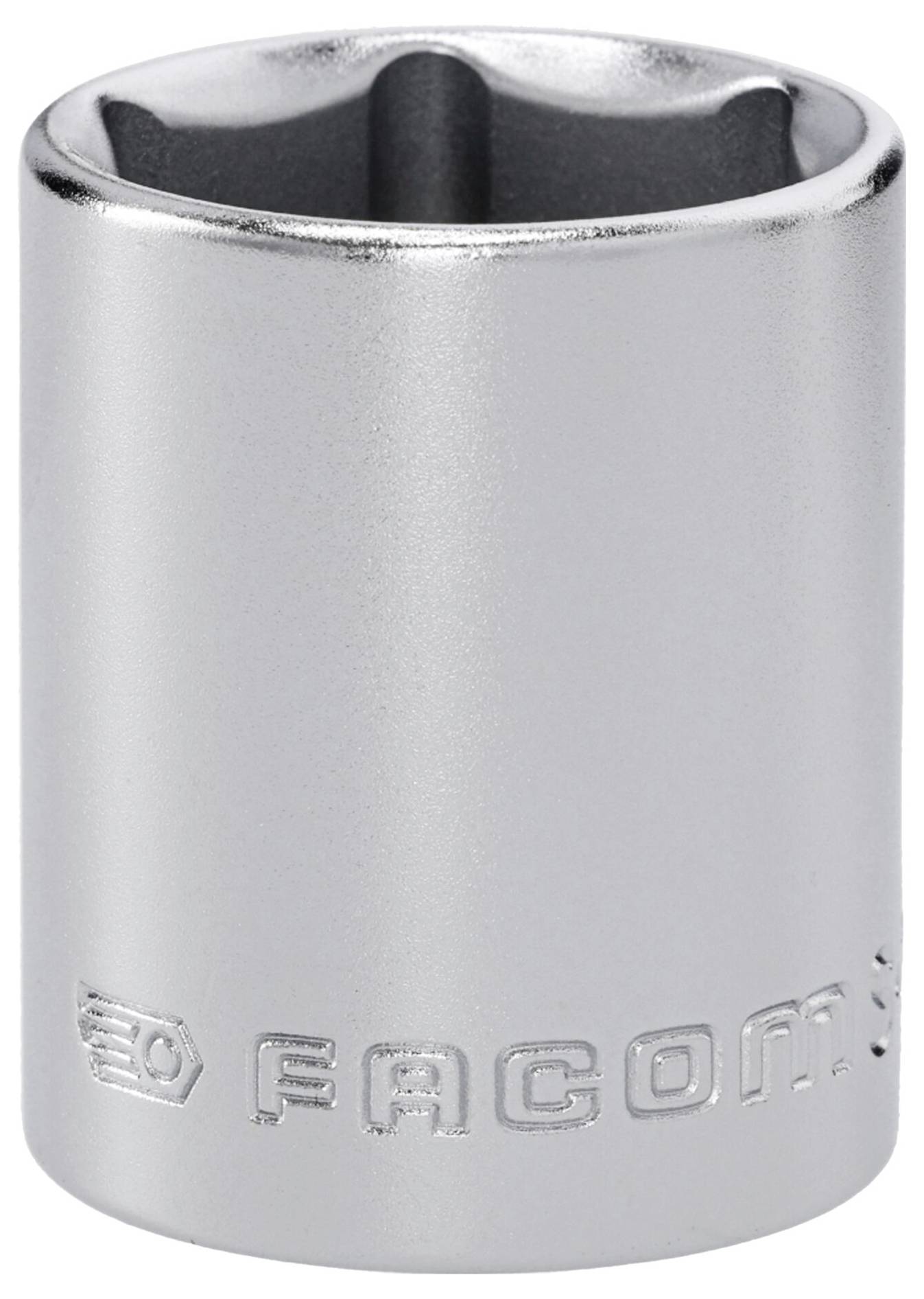 A silver Facom socket wrench head with a hexagonal opening and engraved brand logo at the bottom.