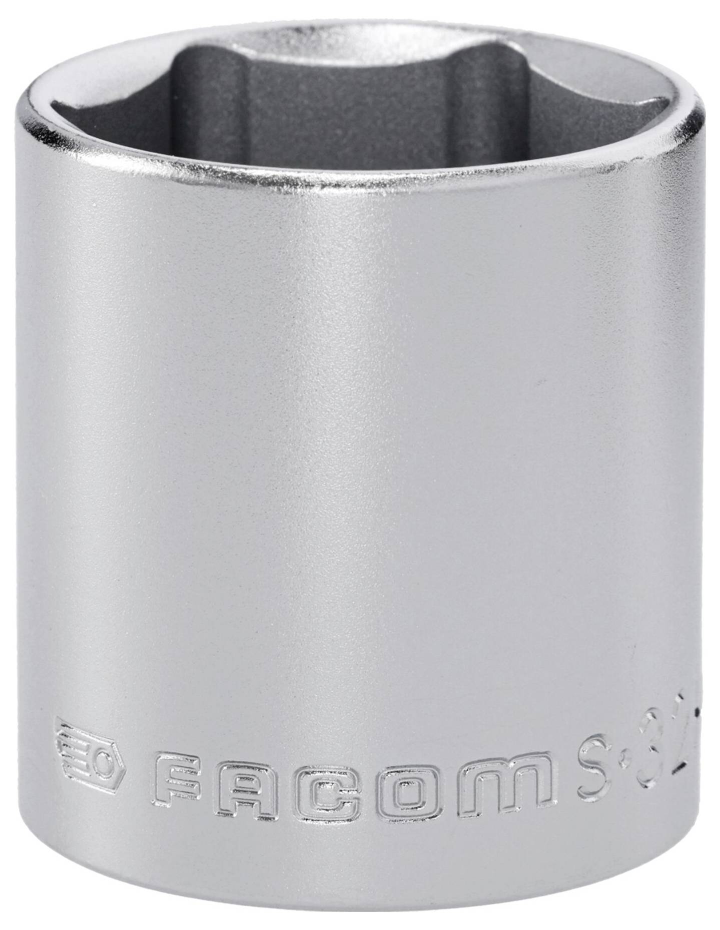 A silver socket tool with a hexagonal opening, inscribed with 'Facom.'